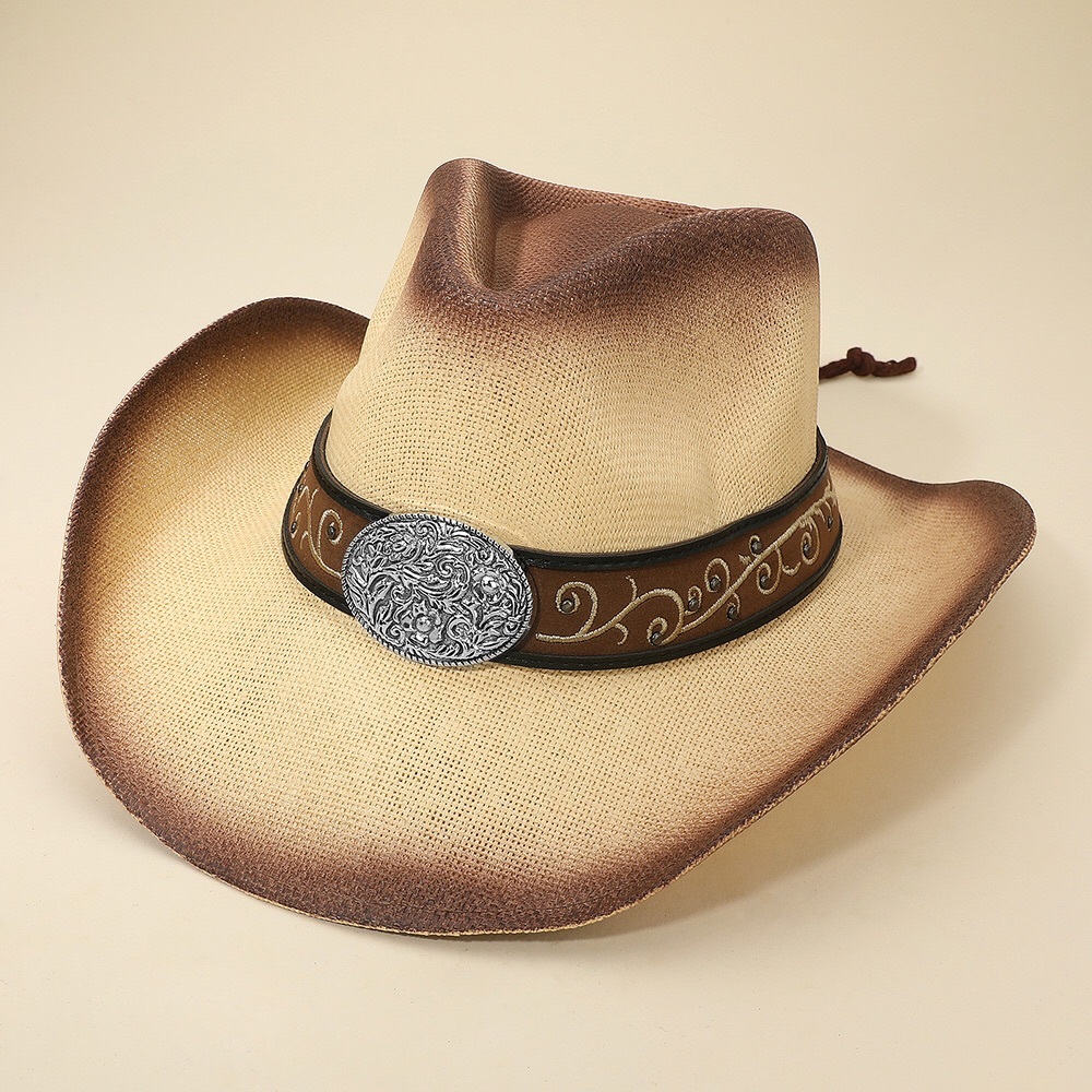 Metal Steer Head Emblem Studded Leather Band Western Straw Cowboy Fedora Hat